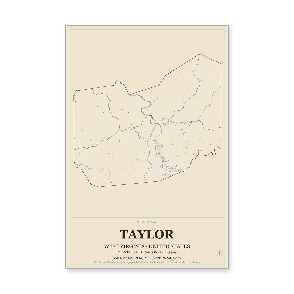 Taylor County, West Virginia Map Aluminum Sign in Heritage Nautical style