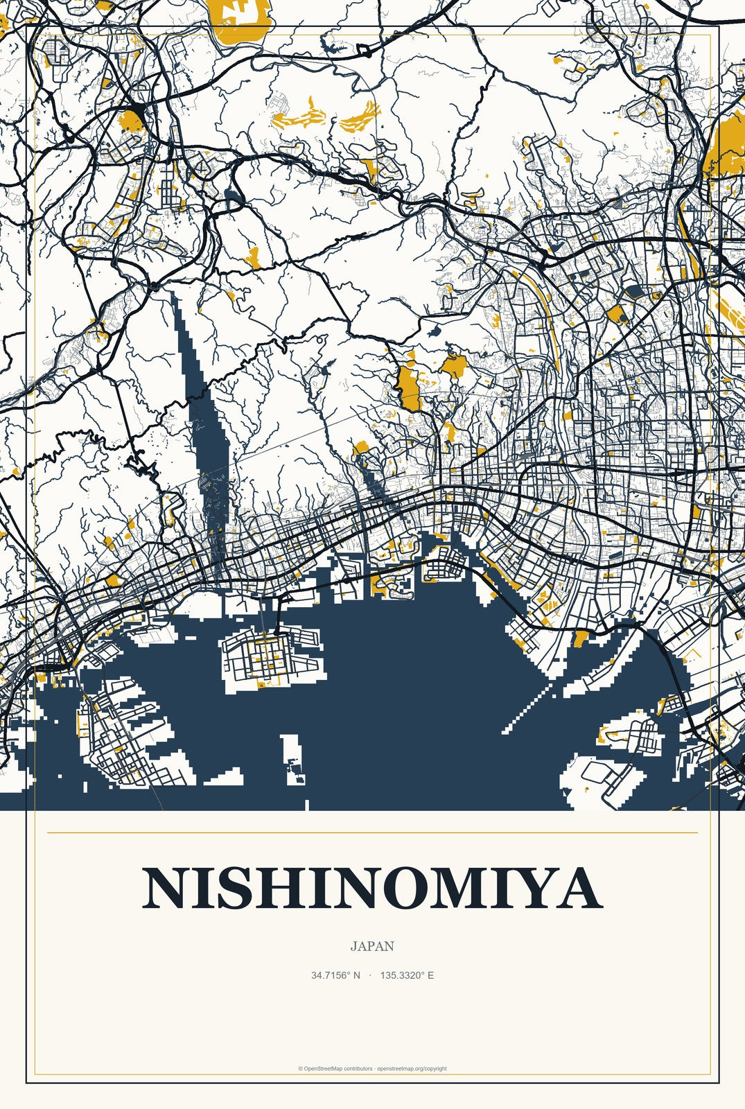 Nishinomiya, Japan City Map Aluminum Sign in Citrine Modern style