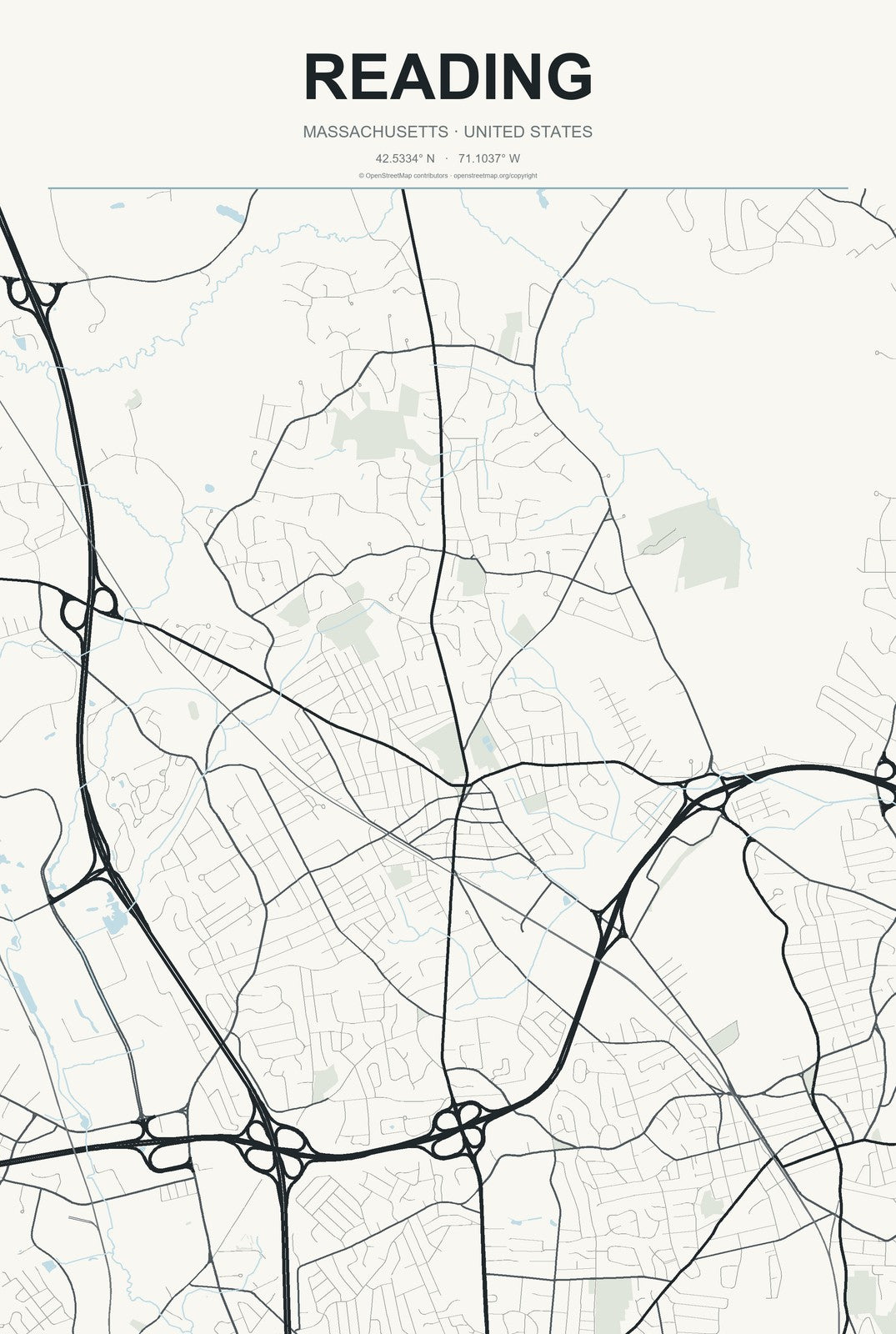 Reading, Massachusetts City Map Aluminum Sign in Headline Atlas style