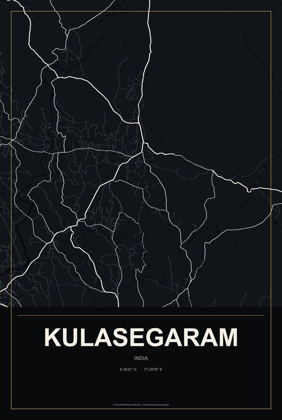 Kulasegaram, India City Map Aluminum Sign in Metropolitan Noir style