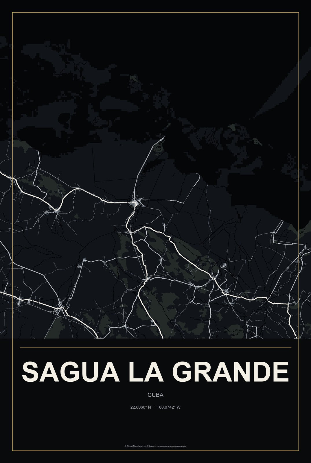 Sagua la Grande, Cuba City Map Aluminum Sign in Metropolitan Noir style