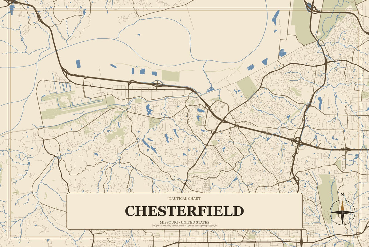 Chesterfield, Missouri City Map Aluminum Sign in Heritage Nautical style