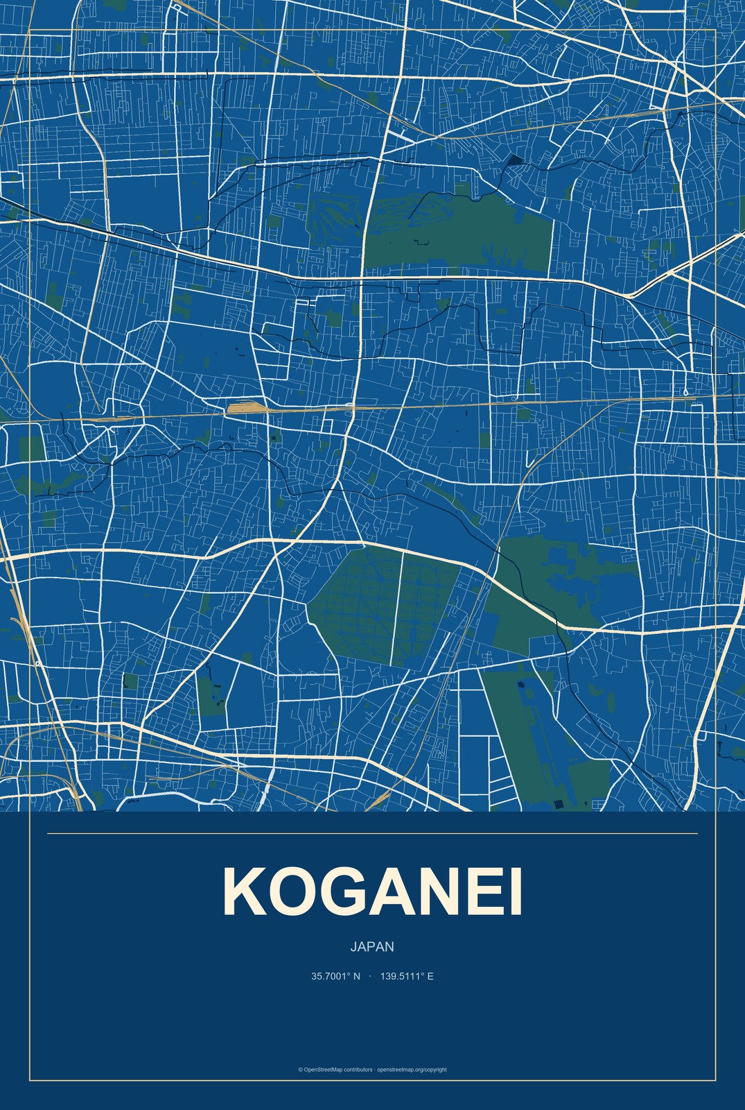 Koganei, Japan City Map Aluminum Sign in Harbor Cobalt style