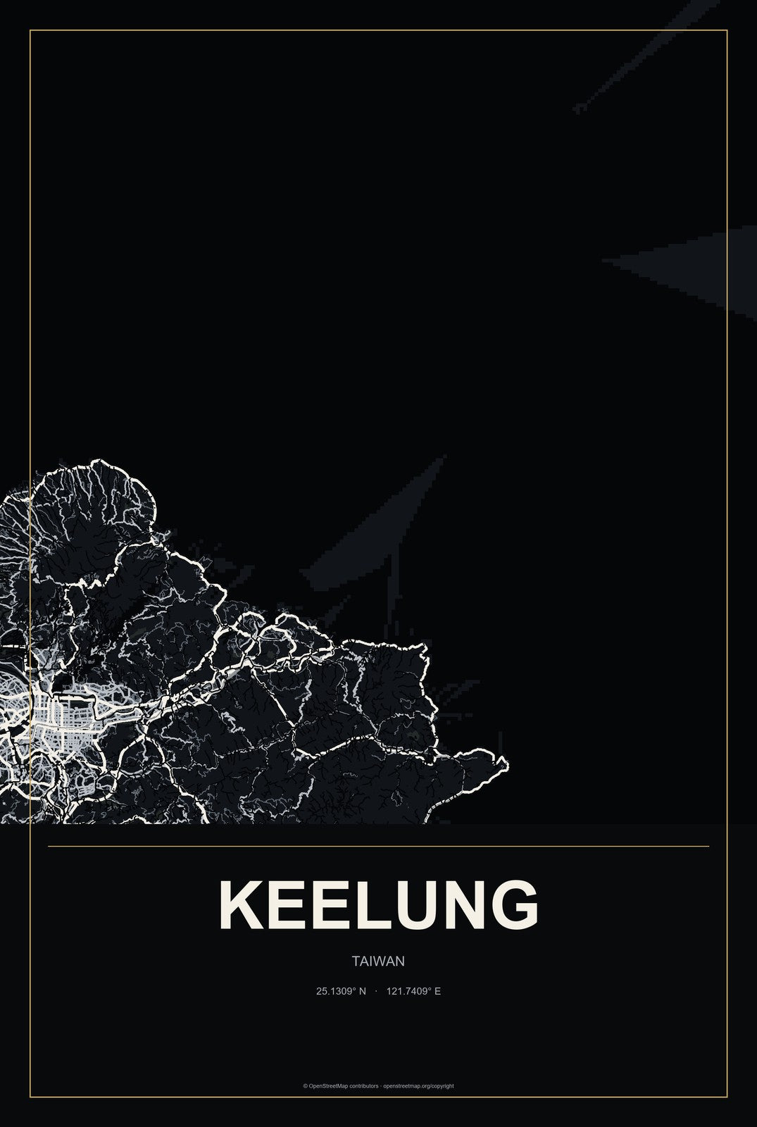 Keelung, Taiwan City Map Aluminum Sign in Metropolitan Noir style