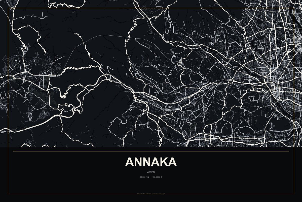 Annaka, Japan City Map Aluminum Sign in Metropolitan Noir style