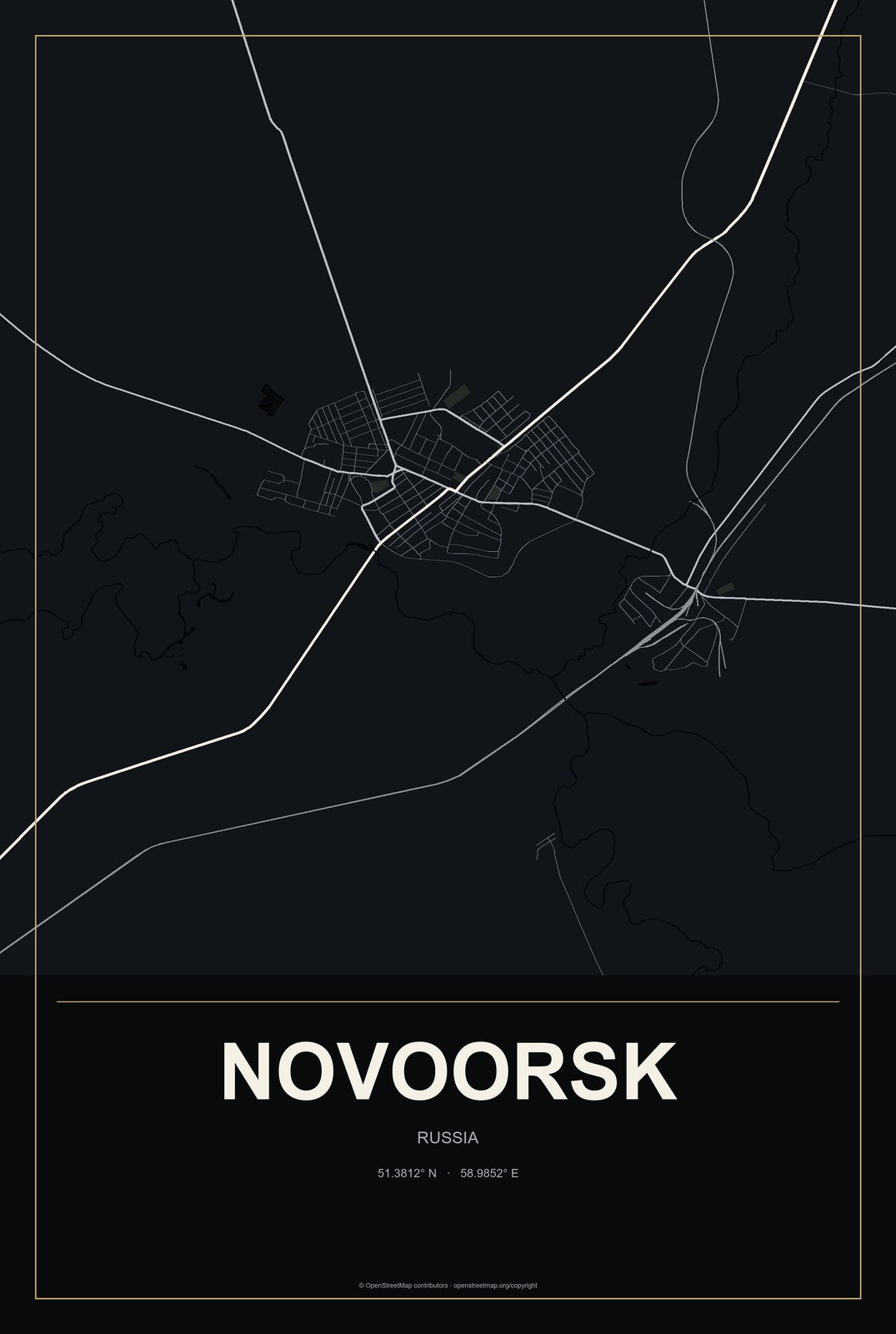 Novoorsk, Russia City Map Aluminum Sign in Metropolitan Noir style