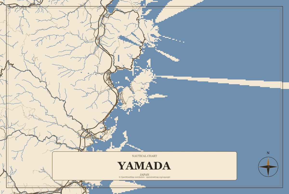 Yamada, Kumamoto, Japan City Map Aluminum Sign in Heritage Nautical style