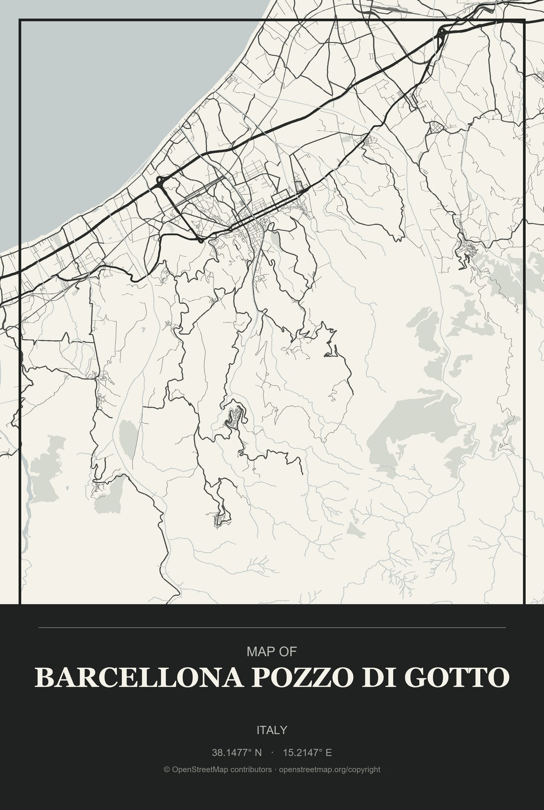 Barcellona Pozzo di Gotto, Italy City Map Aluminum Sign in Museum Plaque style