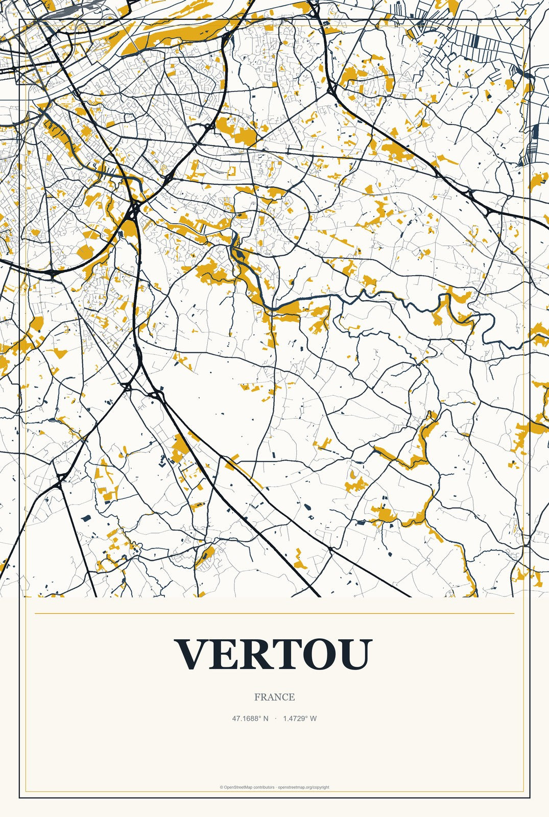Vertou, France City Map Aluminum Sign in Citrine Modern style