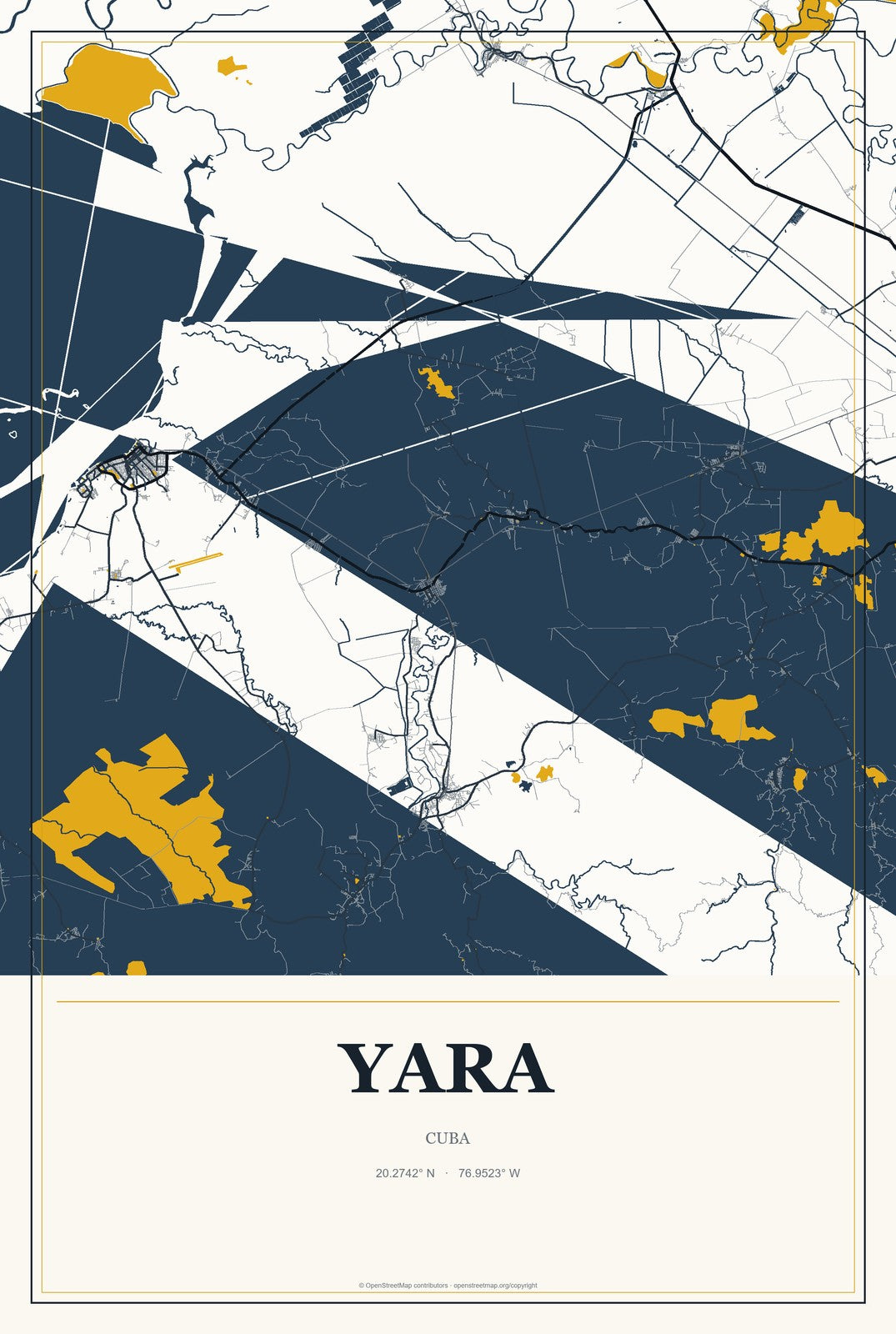 Yara, Cuba City Map Aluminum Sign in Citrine Modern style