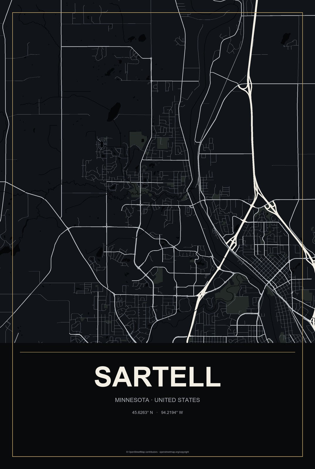 Sartell, Minnesota City Map Aluminum Sign in Metropolitan Noir style