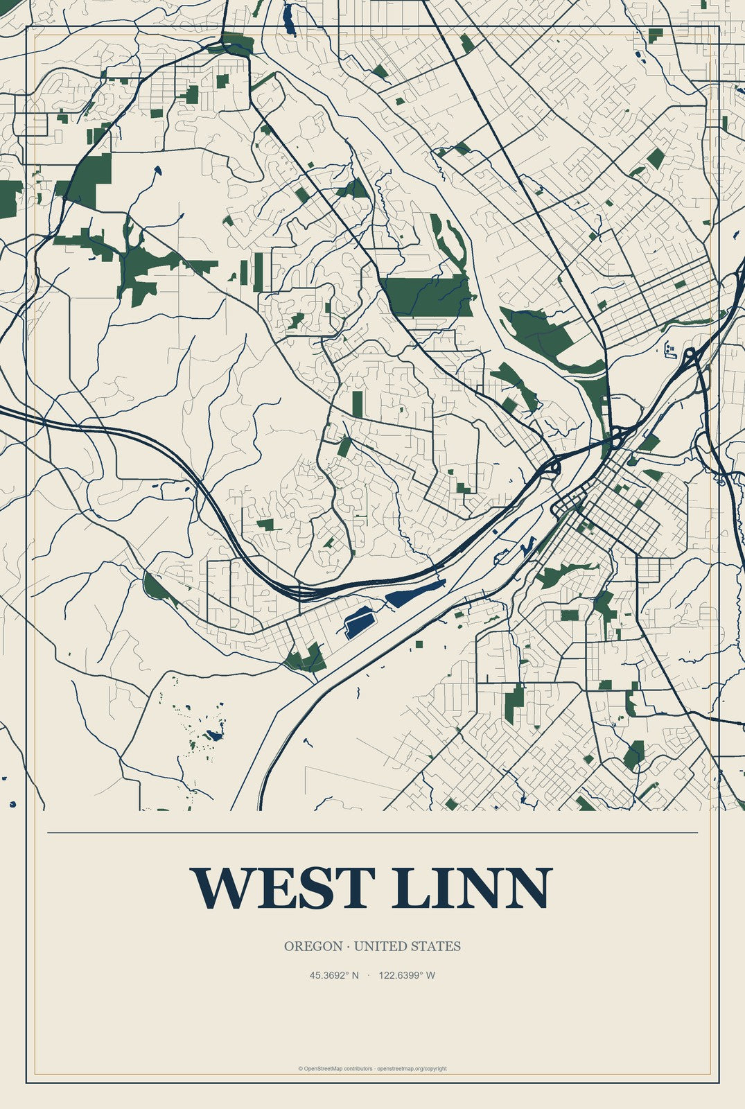 West Linn, Oregon City Map Aluminum Sign in Coastal Cutout style