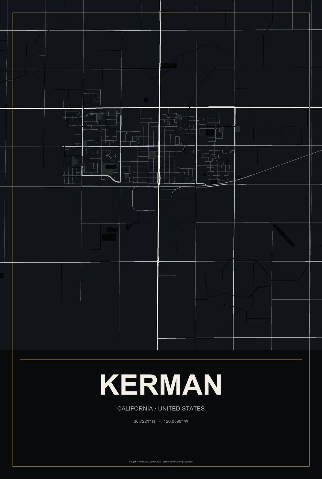 Kerman, California City Map Aluminum Sign in Metropolitan Noir style