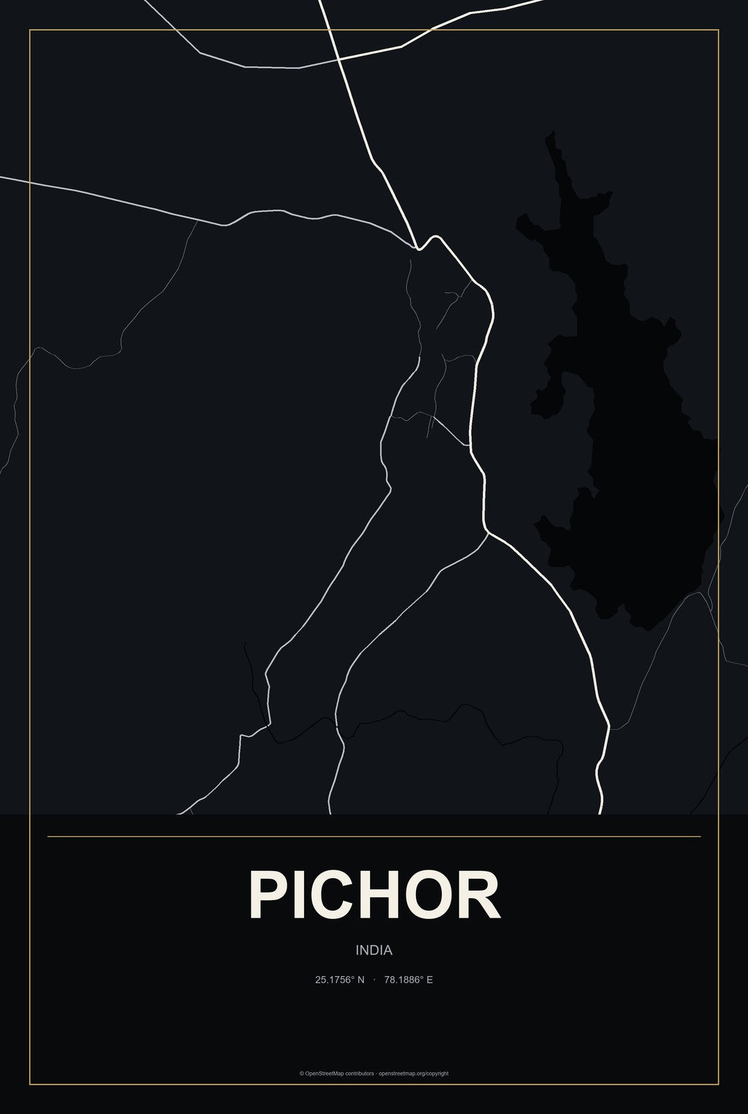 Pichor, India City Map Aluminum Sign in Metropolitan Noir style