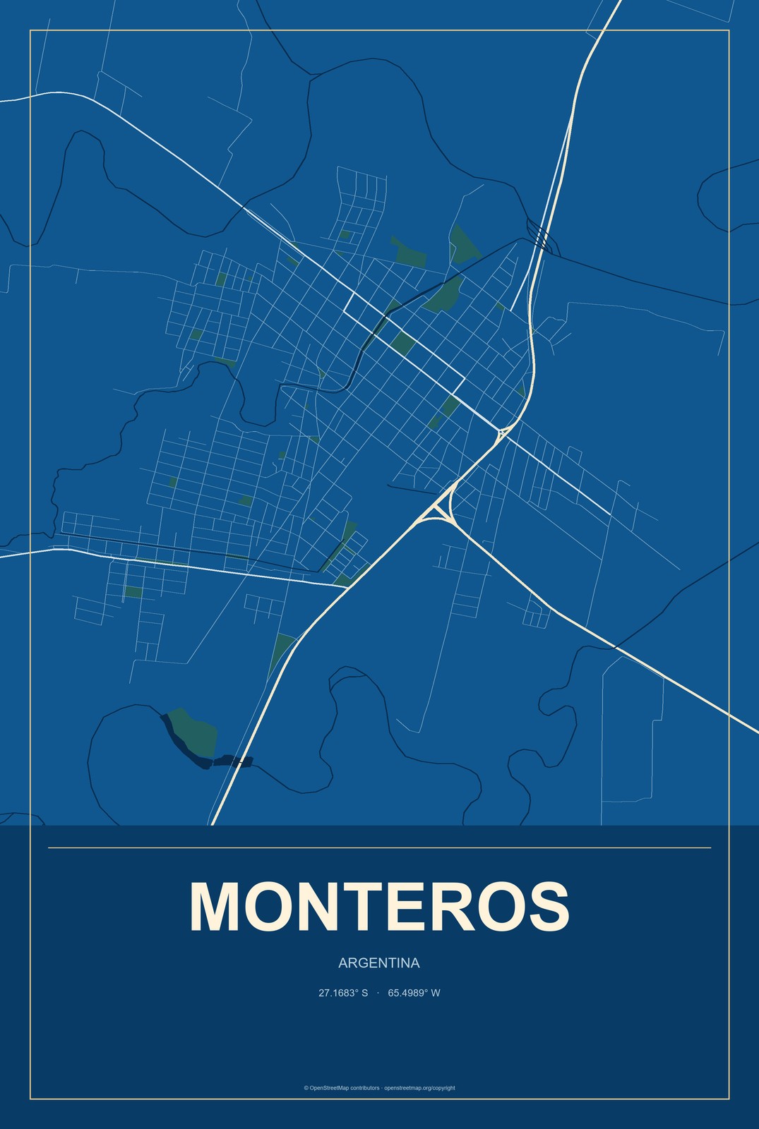 Monteros, Argentina City Map Aluminum Sign in Harbor Cobalt style