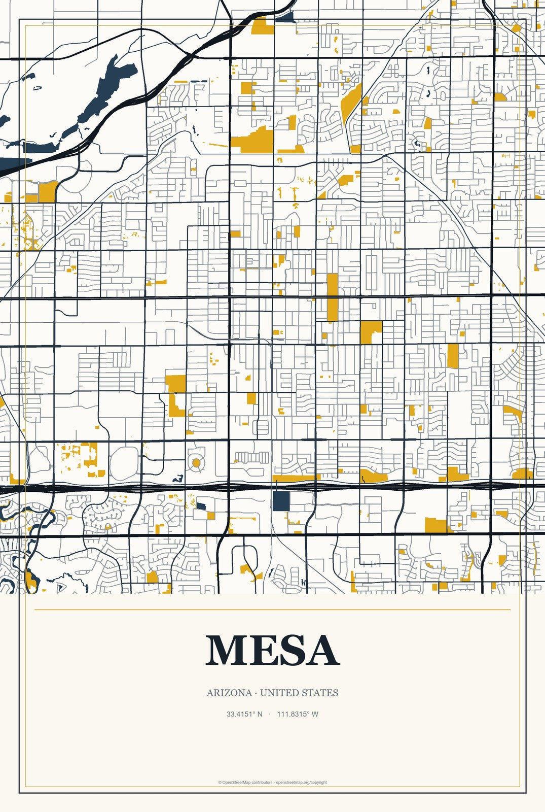 Mesa, Arizona City Map Aluminum Sign in Citrine Modern style