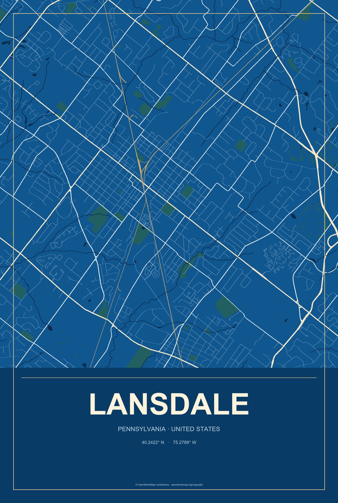 Lansdale, Pennsylvania City Map Aluminum Sign in Harbor Cobalt style