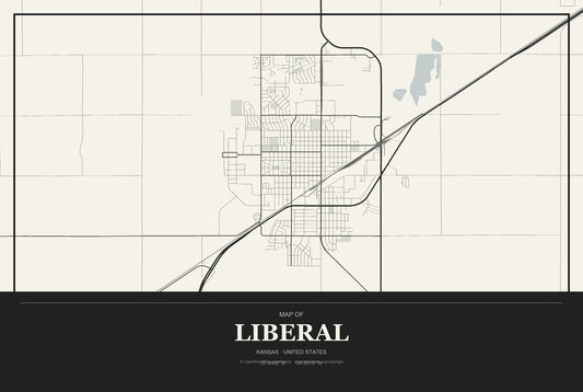 Liberal, Kansas City Map Aluminum Sign in Museum Plaque style
