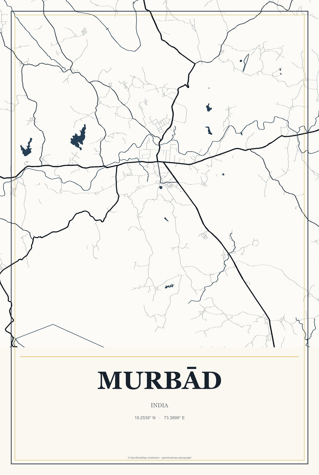 Murbād, India City Map Aluminum Sign in Citrine Modern style