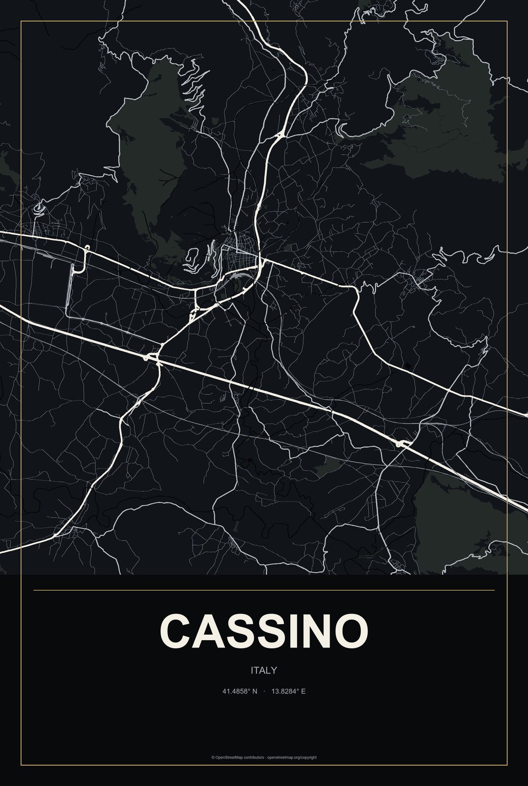 Cassino, Italy City Map Aluminum Sign in Metropolitan Noir style