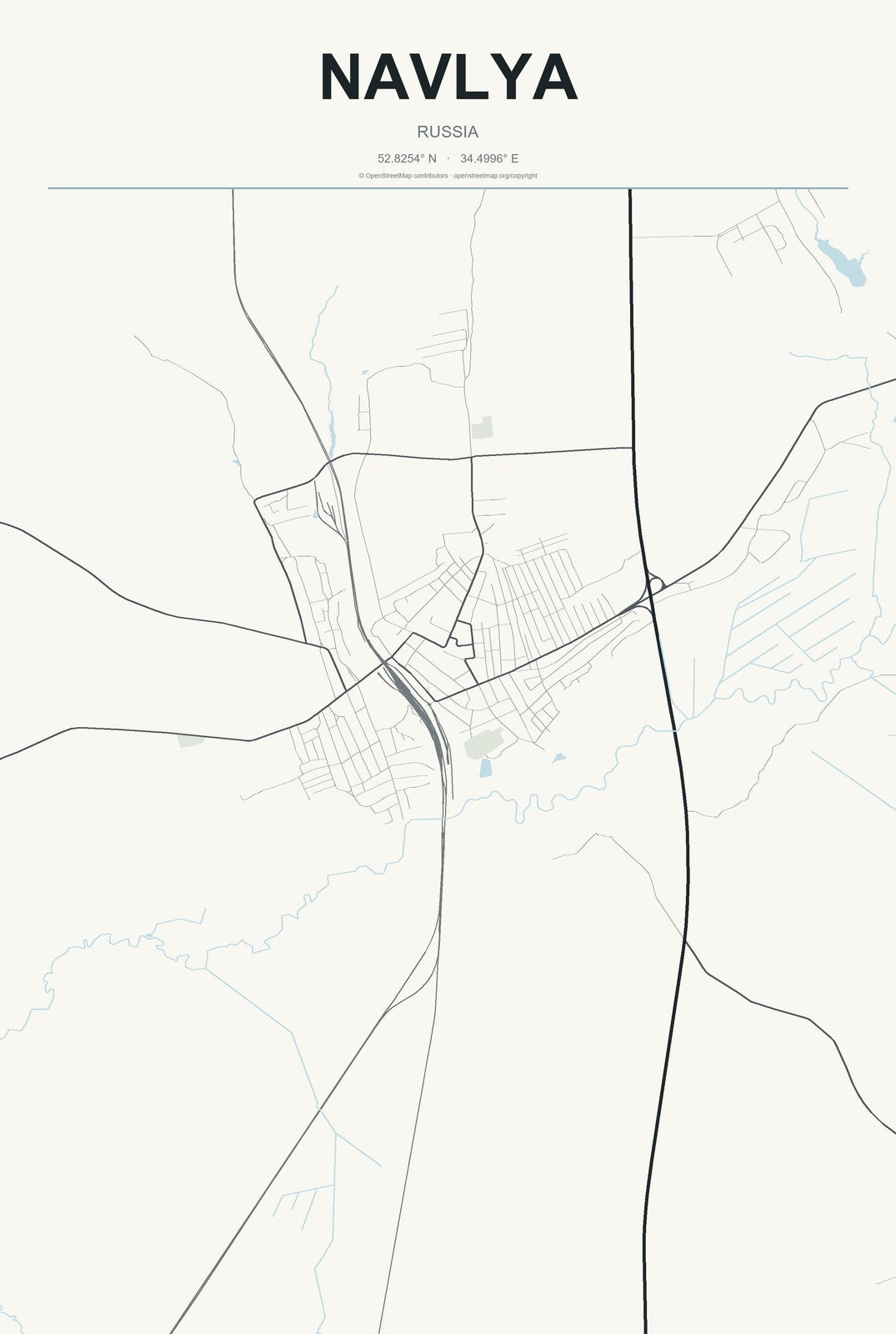 Navlya, Russia City Map Aluminum Sign in Headline Atlas style