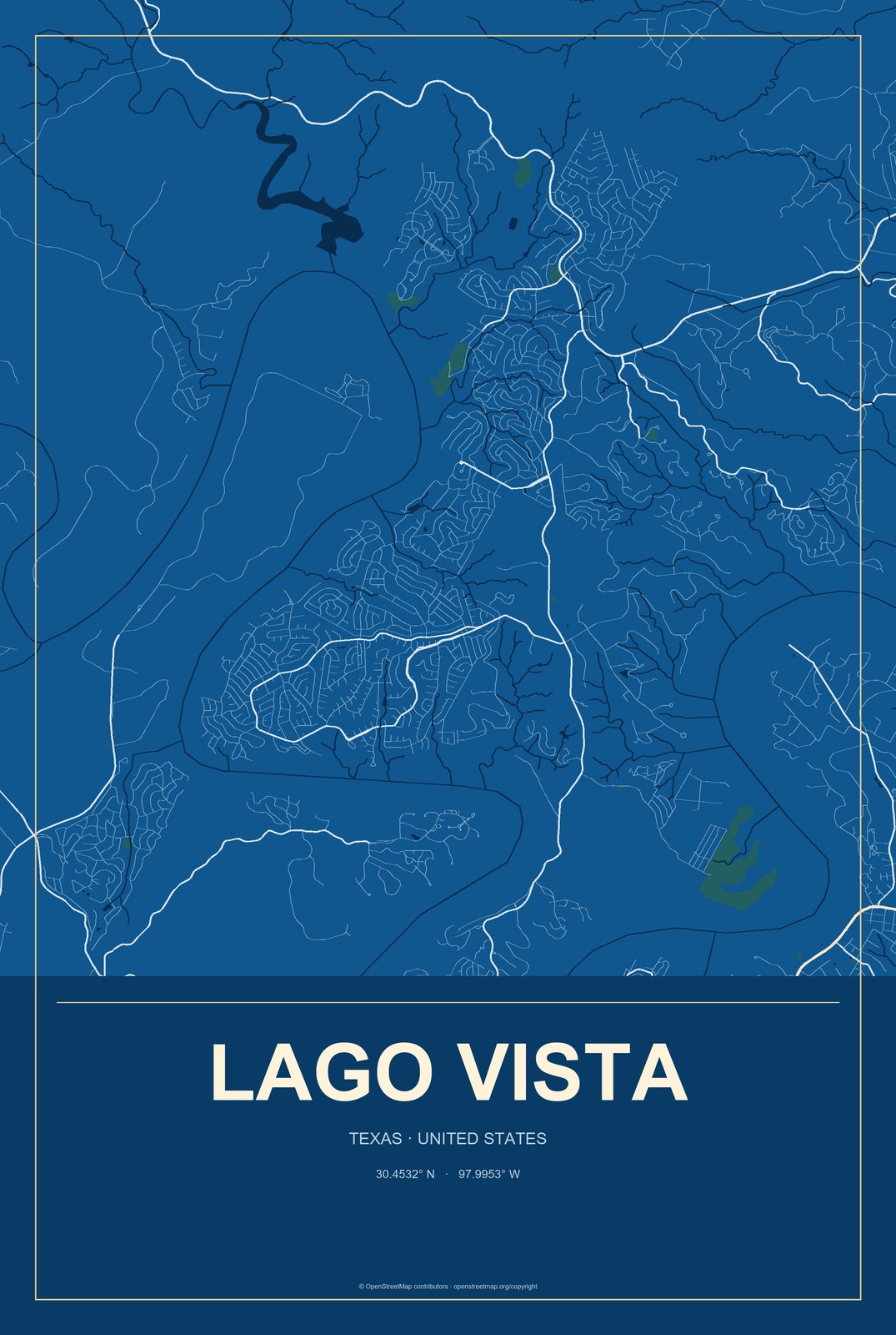 Lago Vista, Texas City Map Aluminum Sign in Harbor Cobalt style