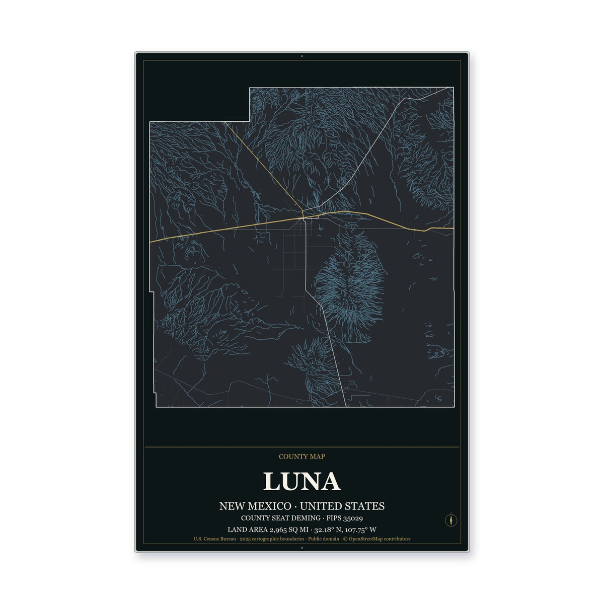 Luna County, New Mexico Map Aluminum Sign in Metropolitan Noir style