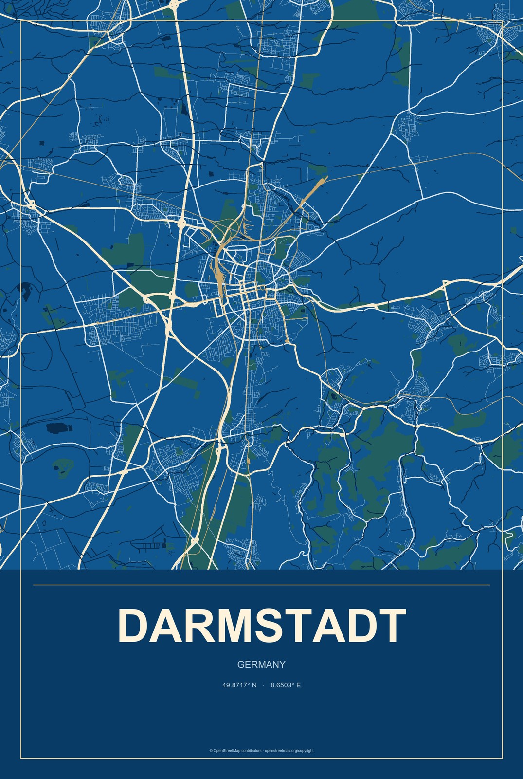 Darmstadt, Germany City Map Aluminum Sign in Harbor Cobalt style