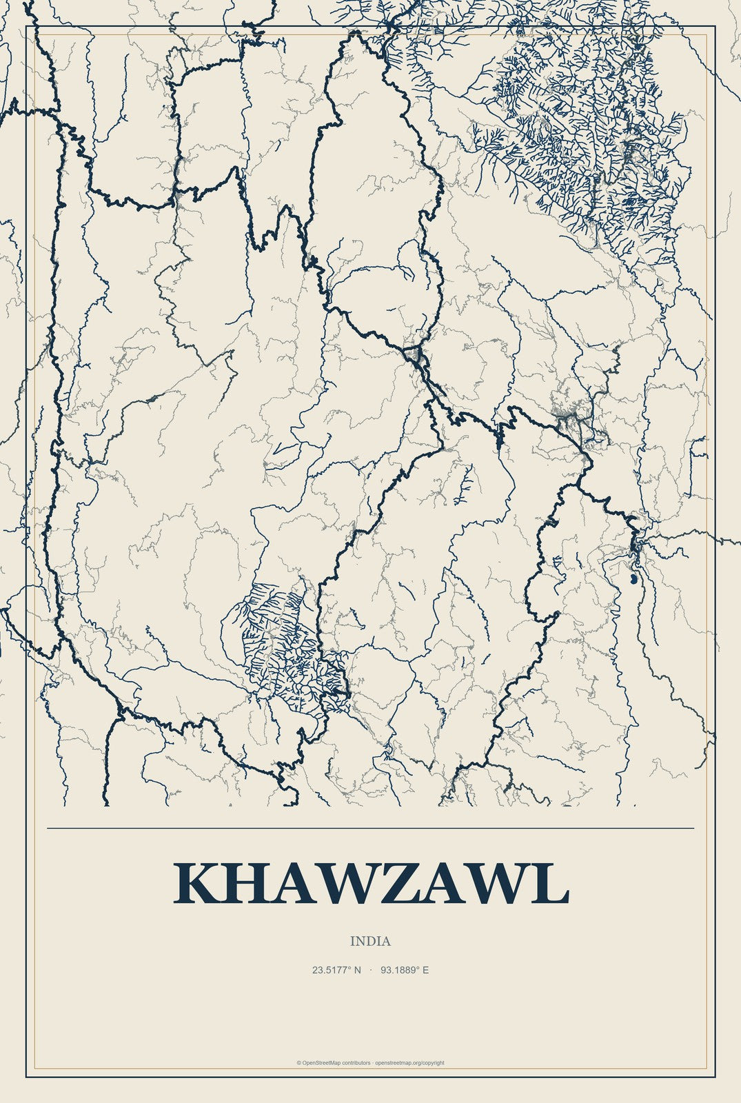 Khawzawl, India City Map Aluminum Sign in Coastal Cutout style