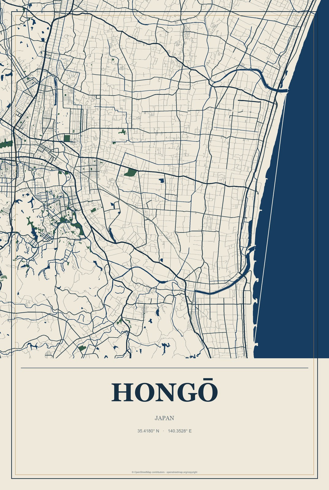 Hongō, Japan City Map Aluminum Sign in Coastal Cutout style