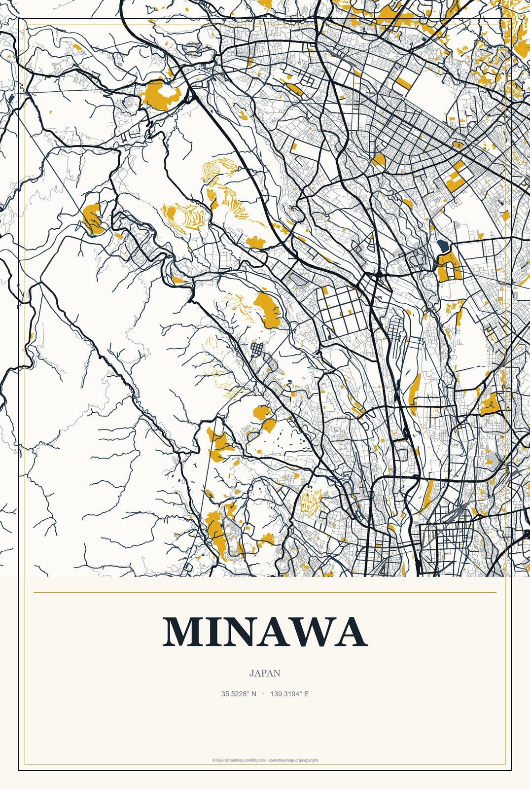 Minawa, Japan City Map Aluminum Sign in Citrine Modern style