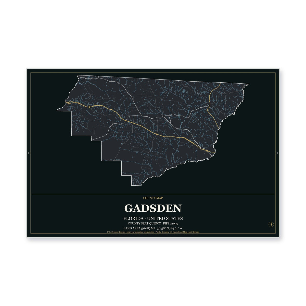 Gadsden County, Florida Map Aluminum Sign in Metropolitan Noir style