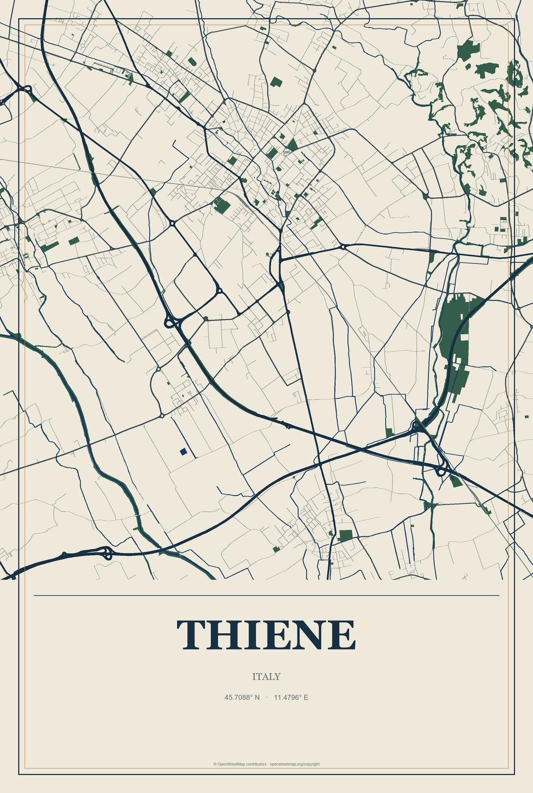 Thiene, Italy City Map Aluminum Sign in Coastal Cutout style