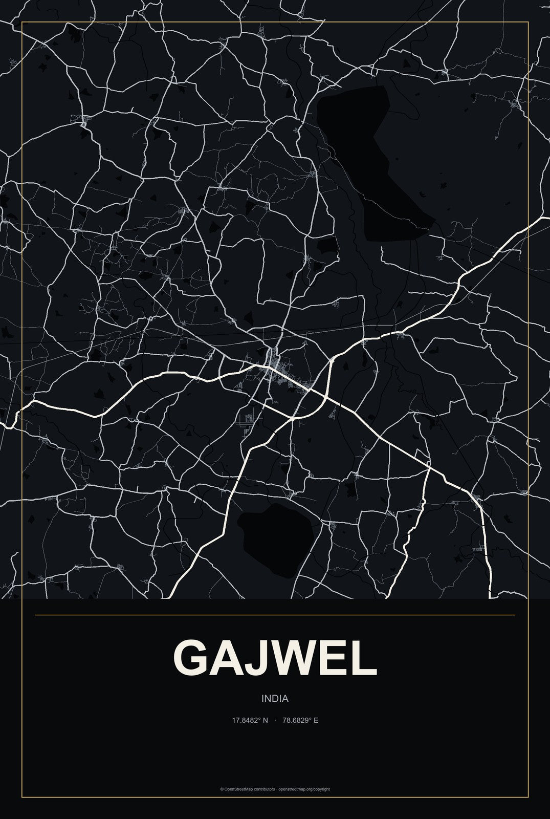 Gajwel, India City Map Aluminum Sign in Metropolitan Noir style