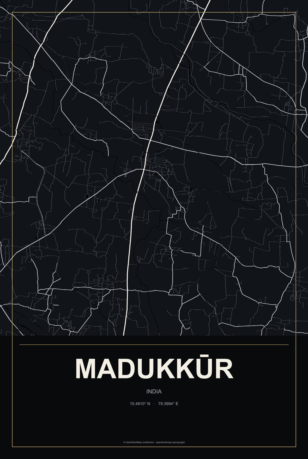 Madukkūr, India City Map Aluminum Sign in Metropolitan Noir style
