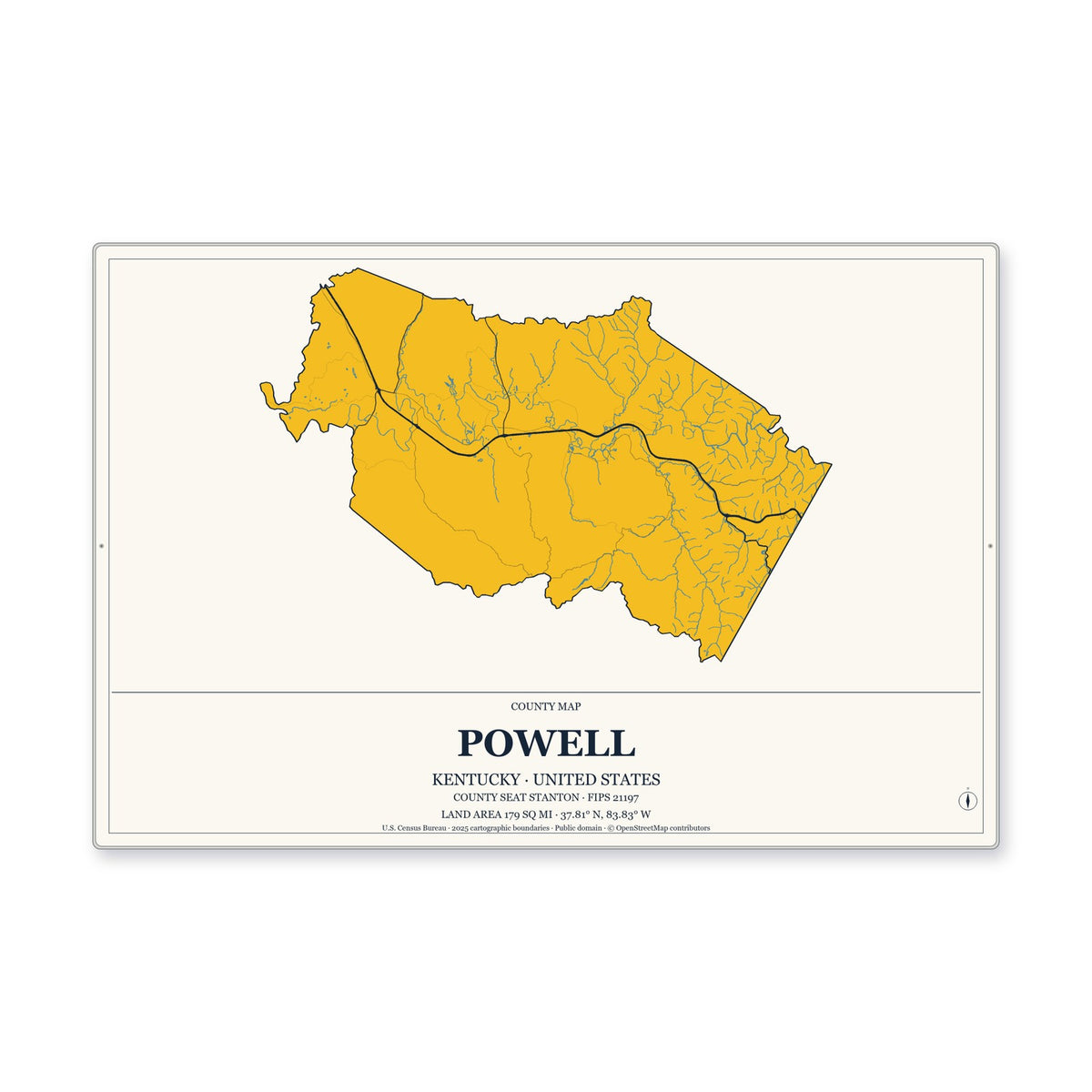 Powell County, Kentucky Map Aluminum Sign in Citrine Modern style