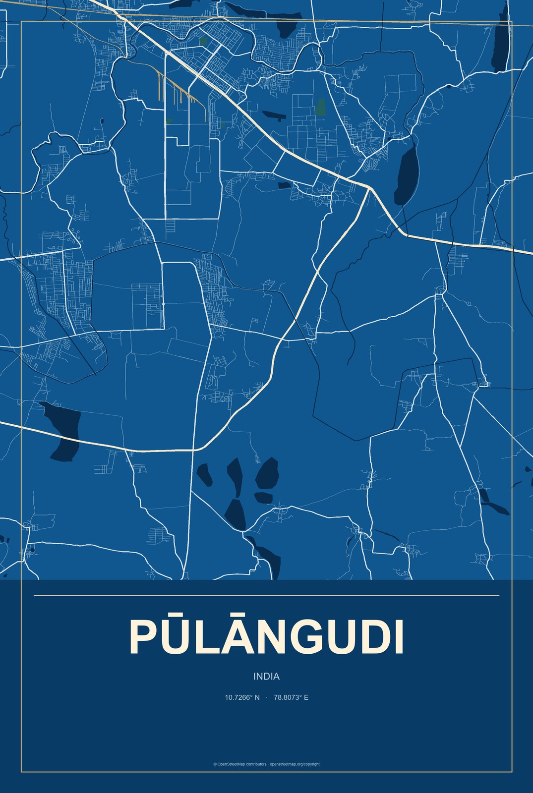 Pūlāngudi, India City Map Aluminum Sign in Harbor Cobalt style