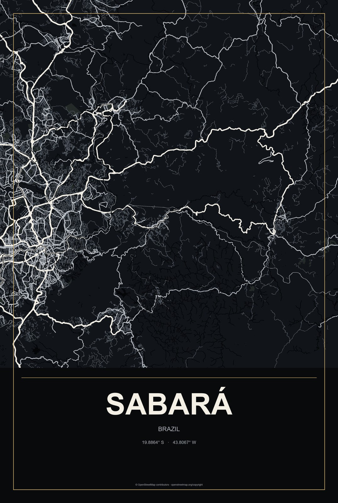Sabará, Brazil City Map Aluminum Sign in Metropolitan Noir style