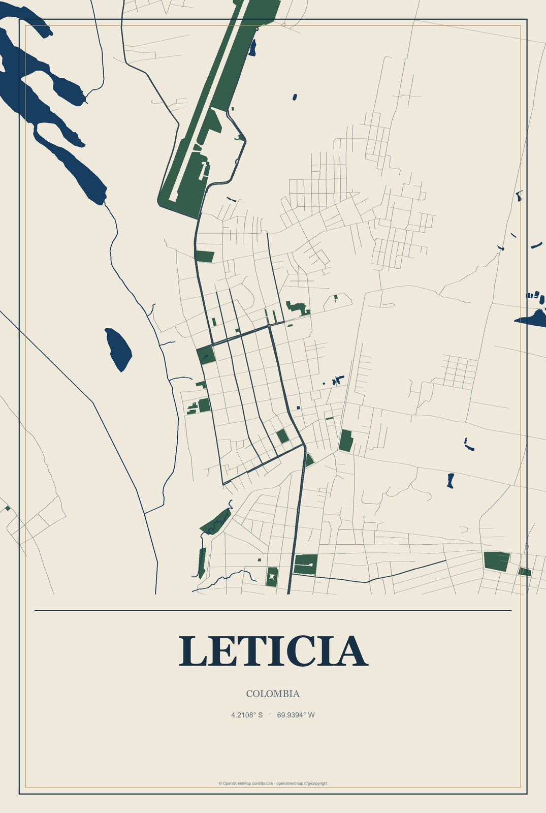 Leticia, Colombia City Map Aluminum Sign in Coastal Cutout style