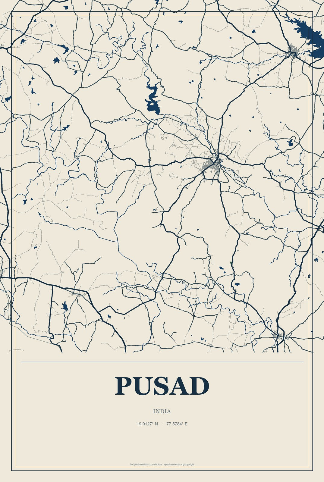 Pusad, India City Map Aluminum Sign in Coastal Cutout style