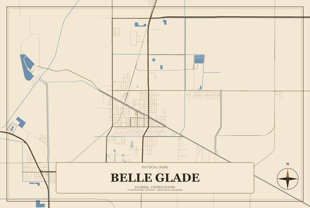 Belle Glade, Florida City Map Aluminum Sign in Heritage Nautical style