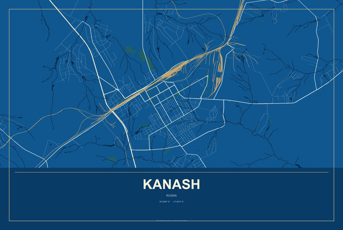 Kanash, Russia City Map Aluminum Sign in Harbor Cobalt style