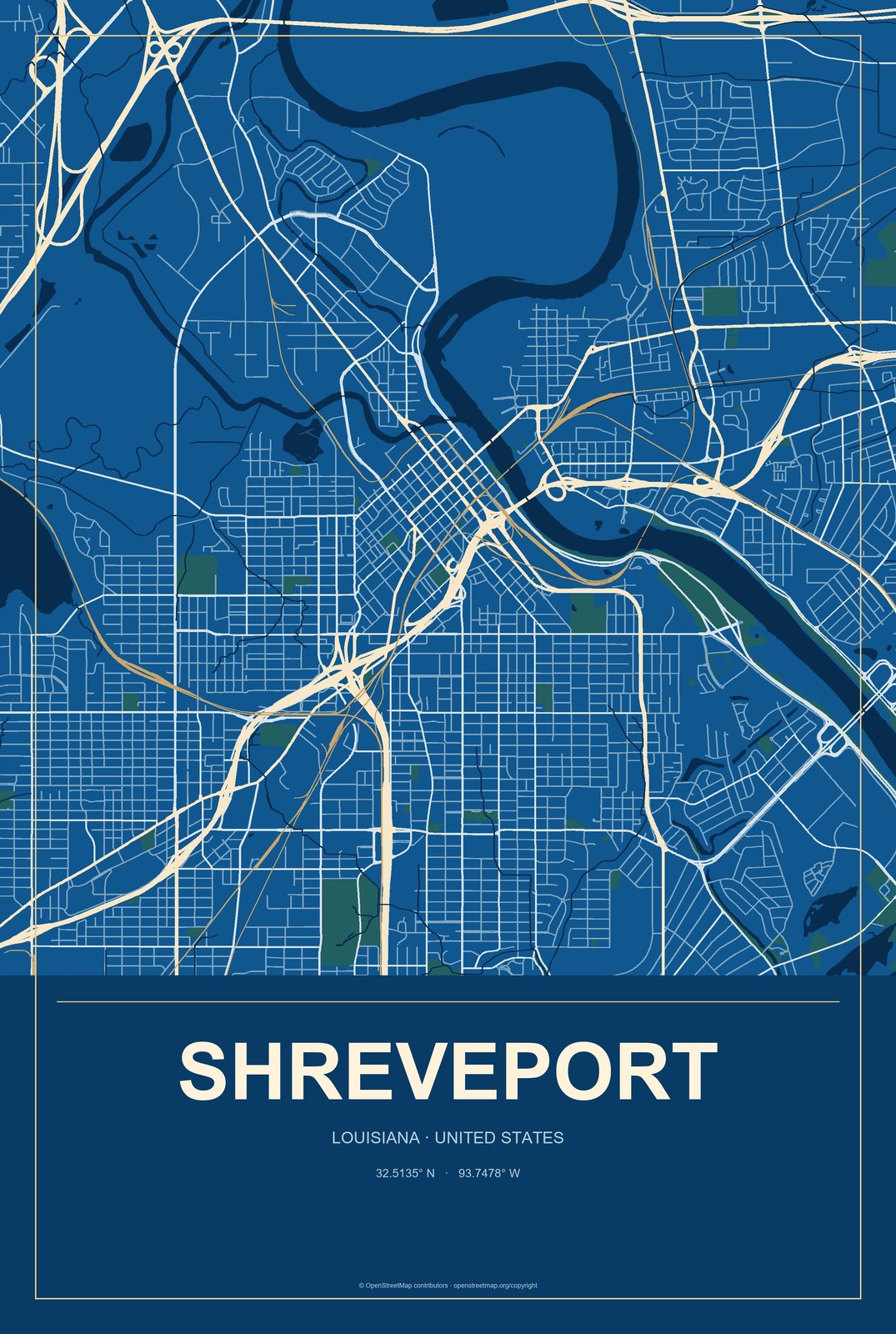 Shreveport, Louisiana City Map Aluminum Sign in Harbor Cobalt style