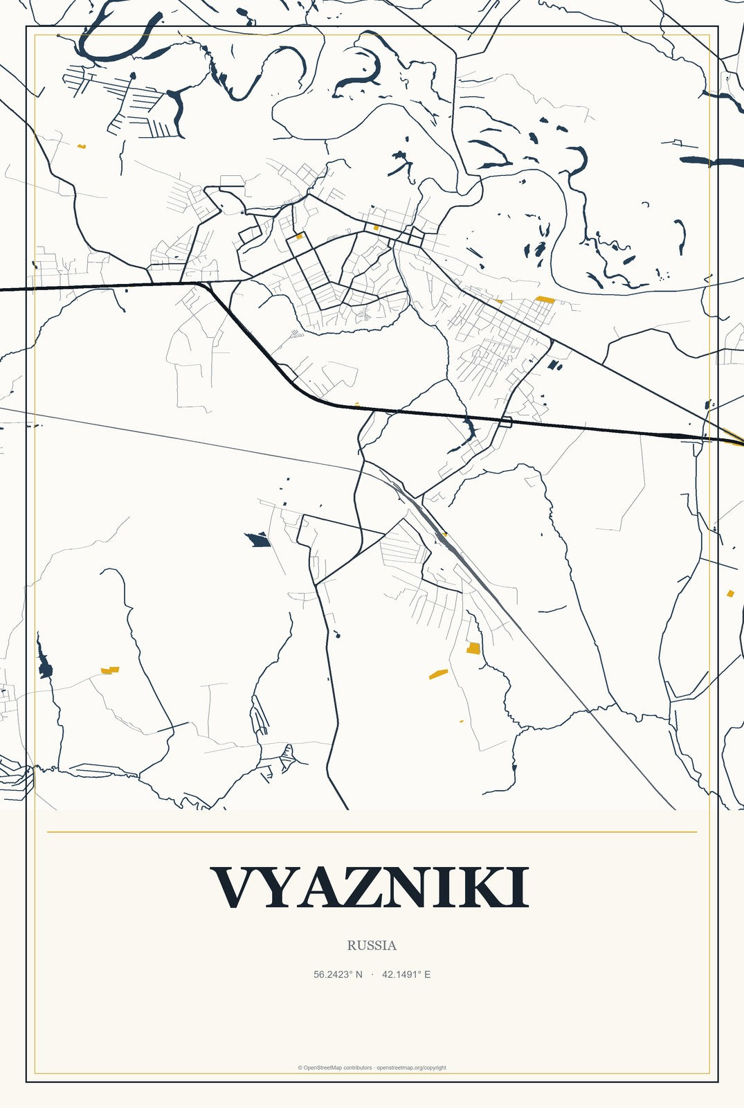 Vyazniki, Russia City Map Aluminum Sign in Citrine Modern style