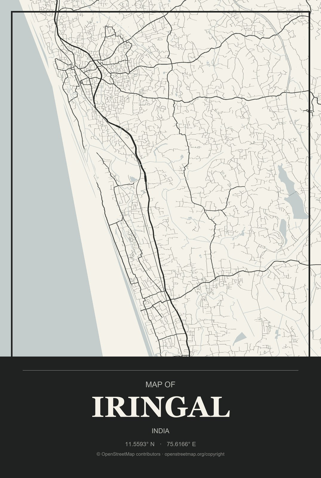 Iringal, India City Map Aluminum Sign in Museum Plaque style