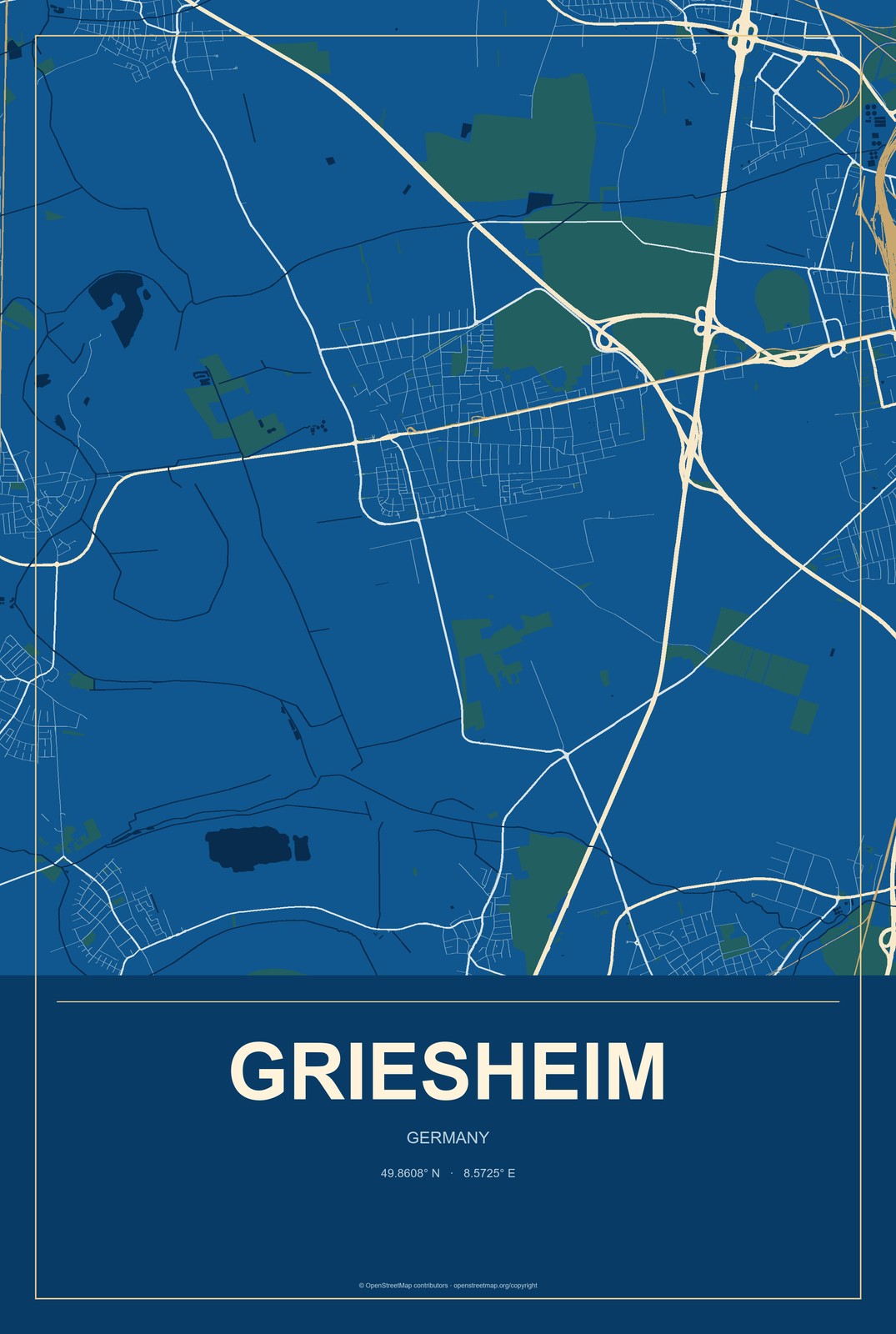 Griesheim, Germany City Map Aluminum Sign in Harbor Cobalt style