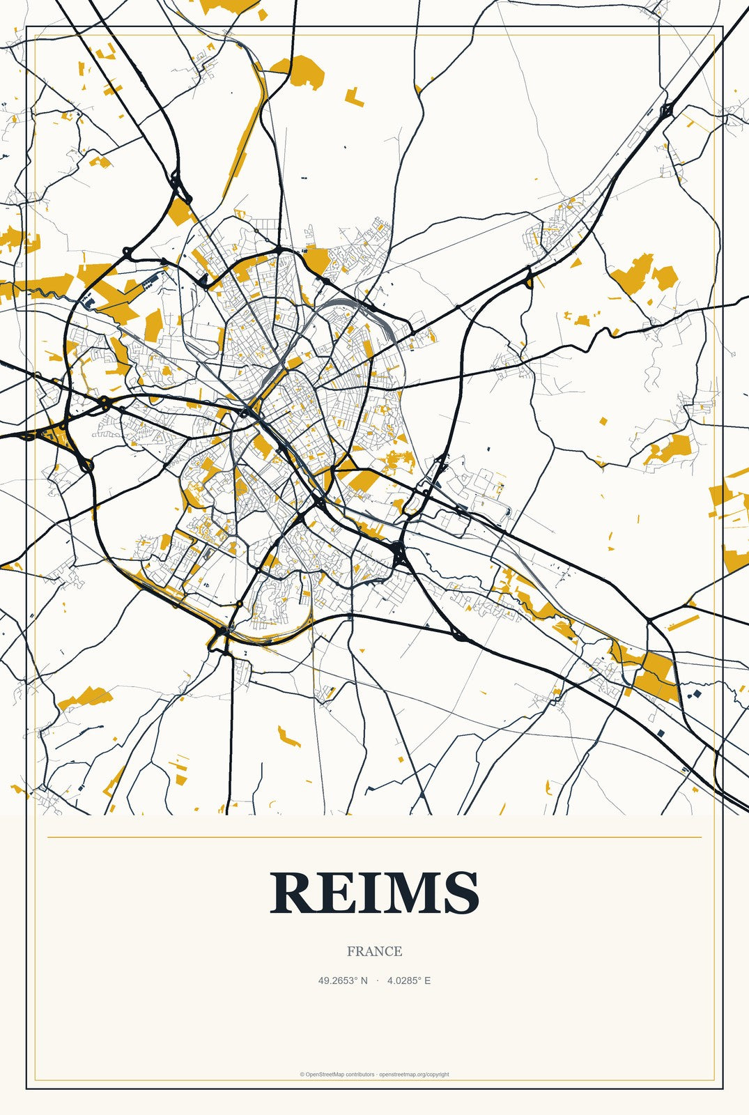Reims, France City Map Aluminum Sign in Citrine Modern style