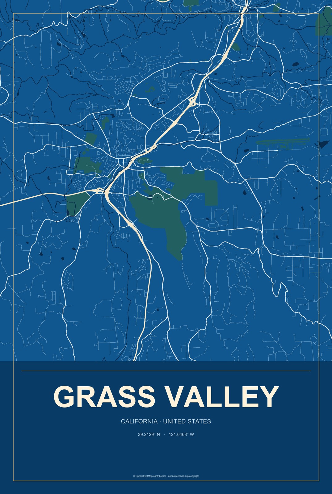 Grass Valley, California City Map Aluminum Sign in Harbor Cobalt style