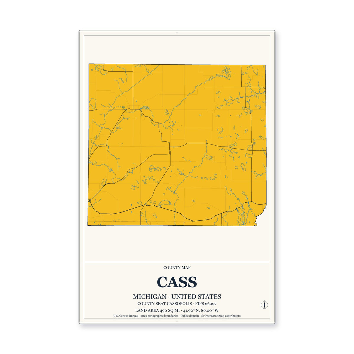 Cass County, Michigan Map Aluminum Sign in Citrine Modern style