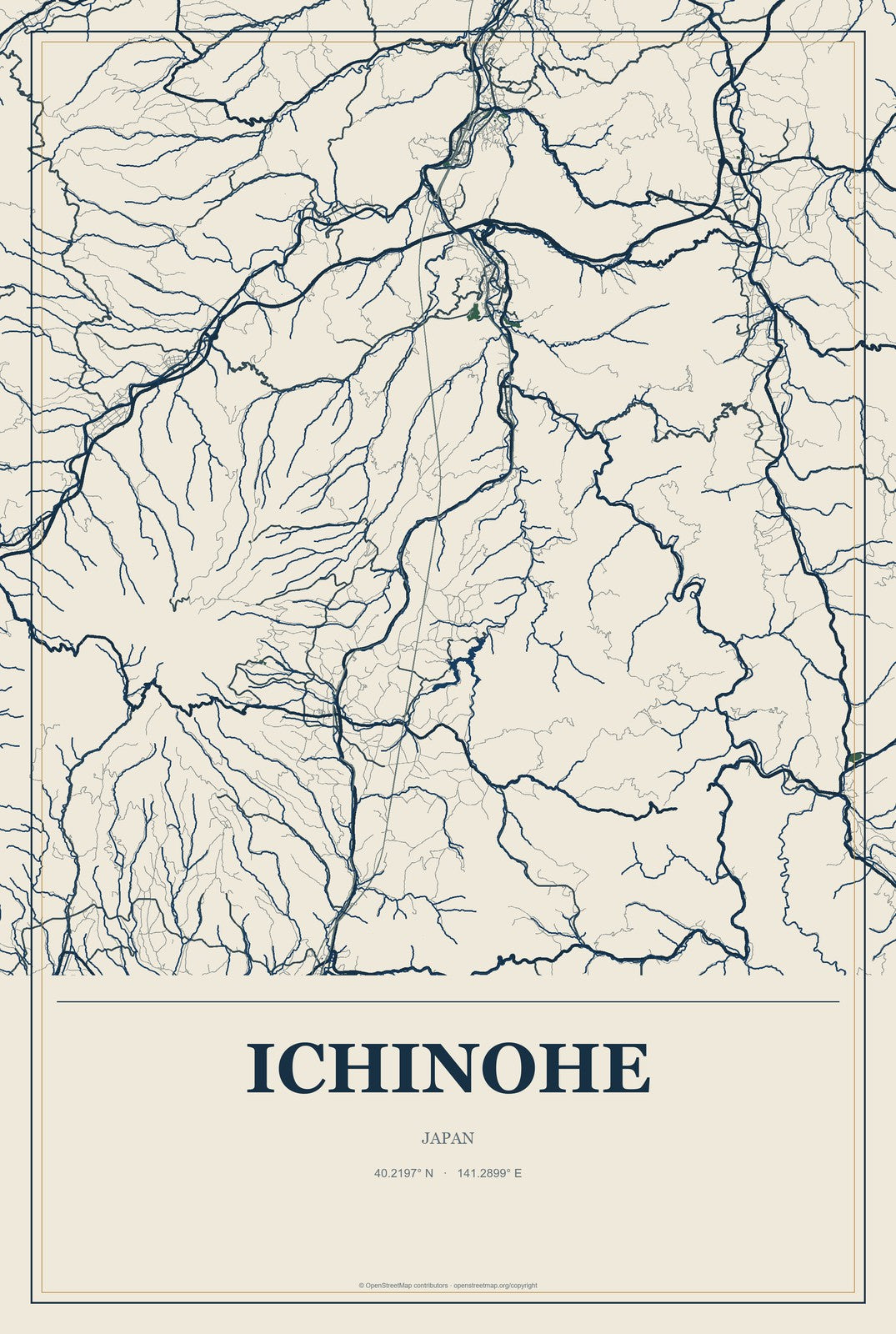 Ichinohe, Japan City Map Aluminum Sign in Coastal Cutout style